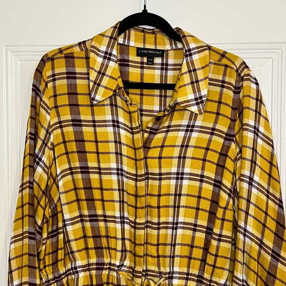 Lane Bryant Women's Top Size 18/20 Plaid Mustard Color Drawstring Waist Collared - Picture 6 of 12